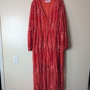Southern Fried Chics Orange Lace Maxi Dress 3XL Flowy embroidered V-neckline